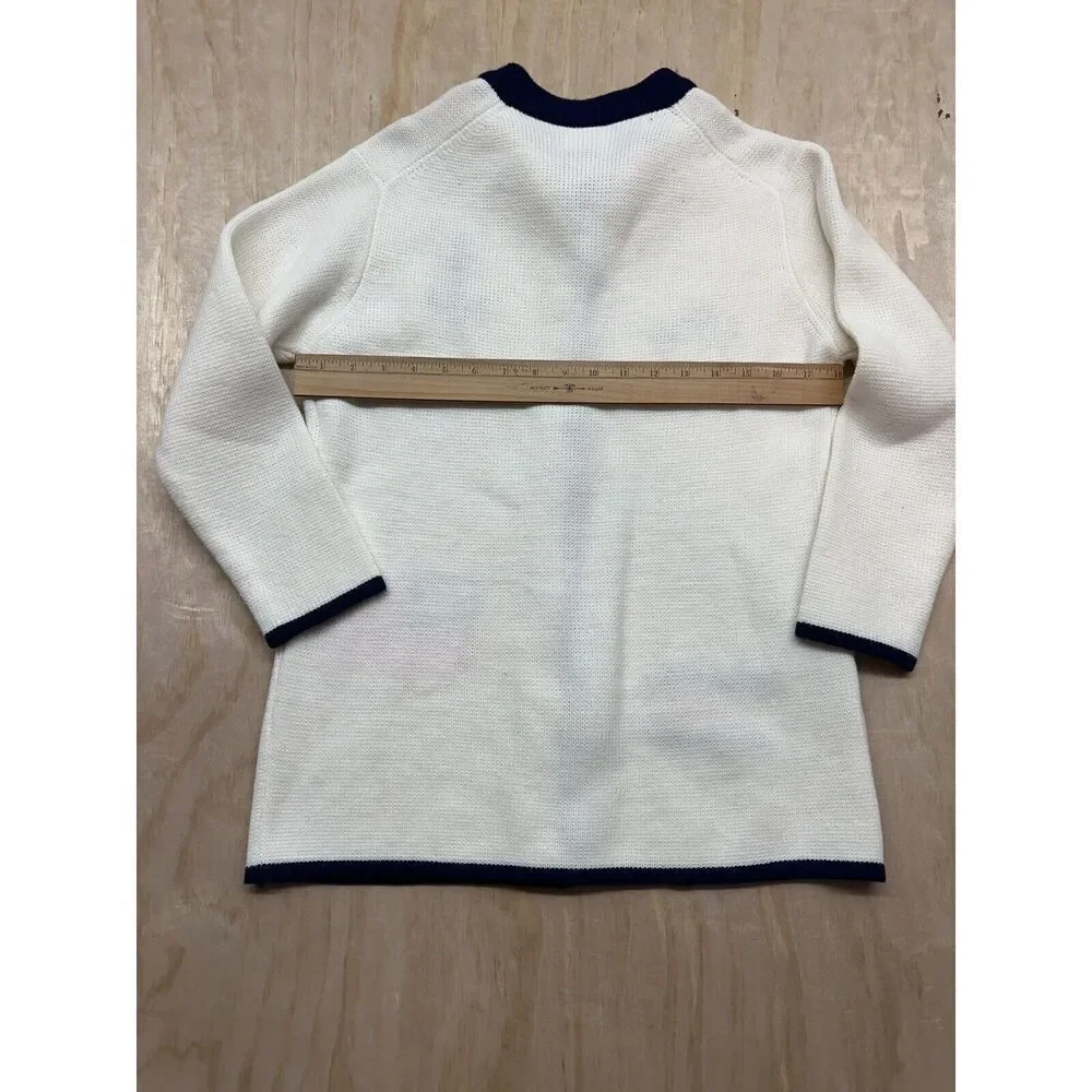 VTG 60s Ivory Wool Navy Trim Gold Button Cardigan w Sailing Boating Embroidery S